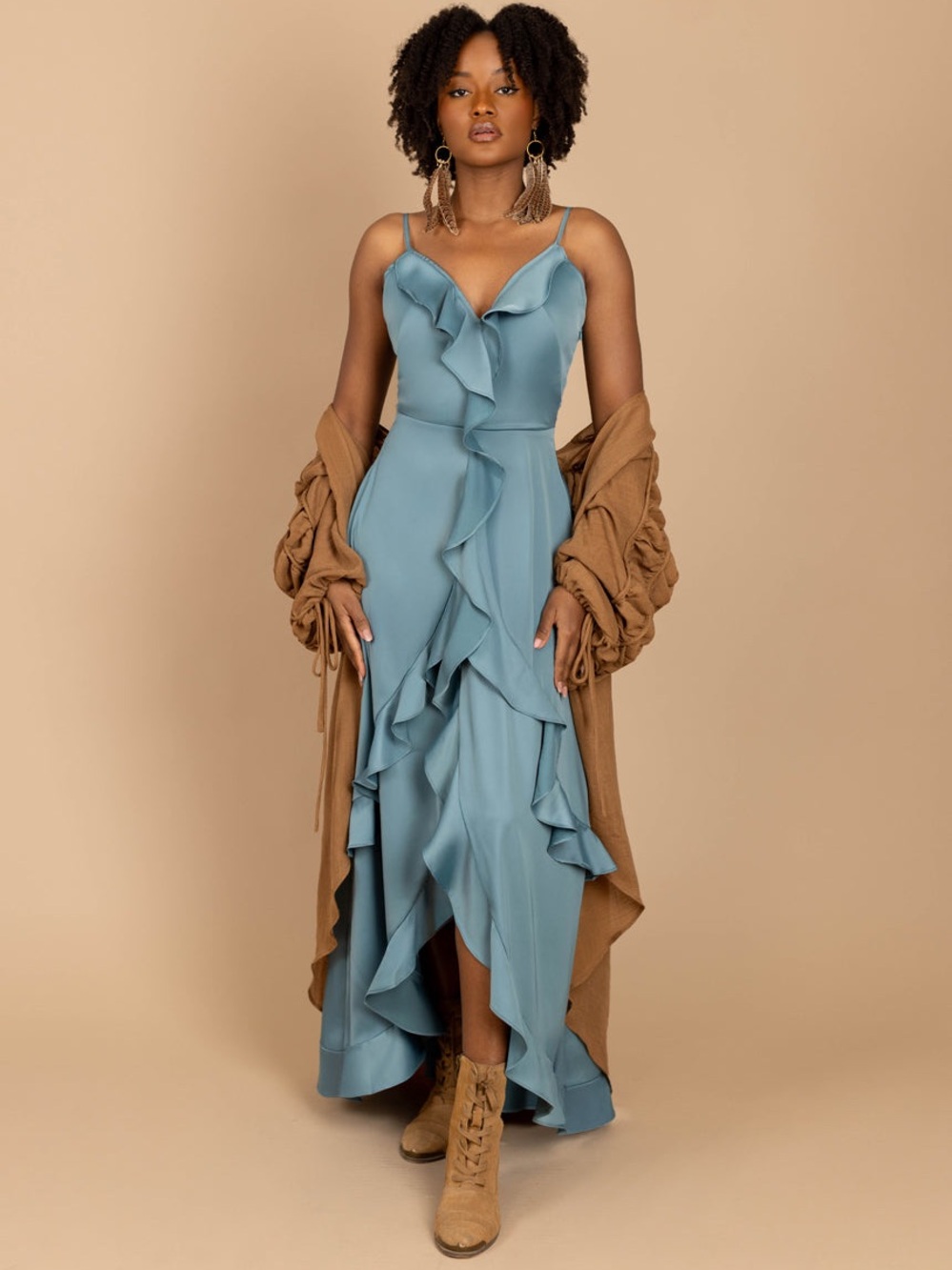 NWT JOYFOLIE Women’s Dusty Teal Ruffle Allona High Low Ruffle Dress Sz L